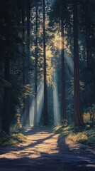 Twilight tranquility in a serene redwood grove illuminated by soft golden light filtering through the trees