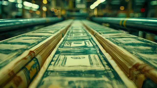 Dollar banknotes on the conveyor belt in a factory