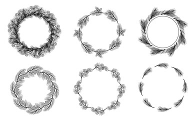 Obraz premium Set of Christmas wreaths. Pine branches festive decoration. Vector sketch design element for greeting card, banner.