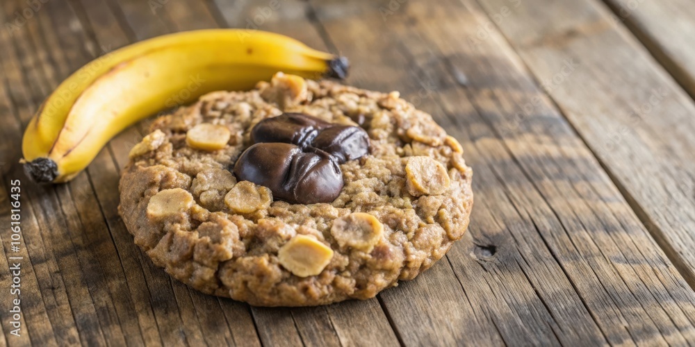Poster A close-up of a single chocolate chip cookie with a banana resting nearby on a rustic wooden surface.