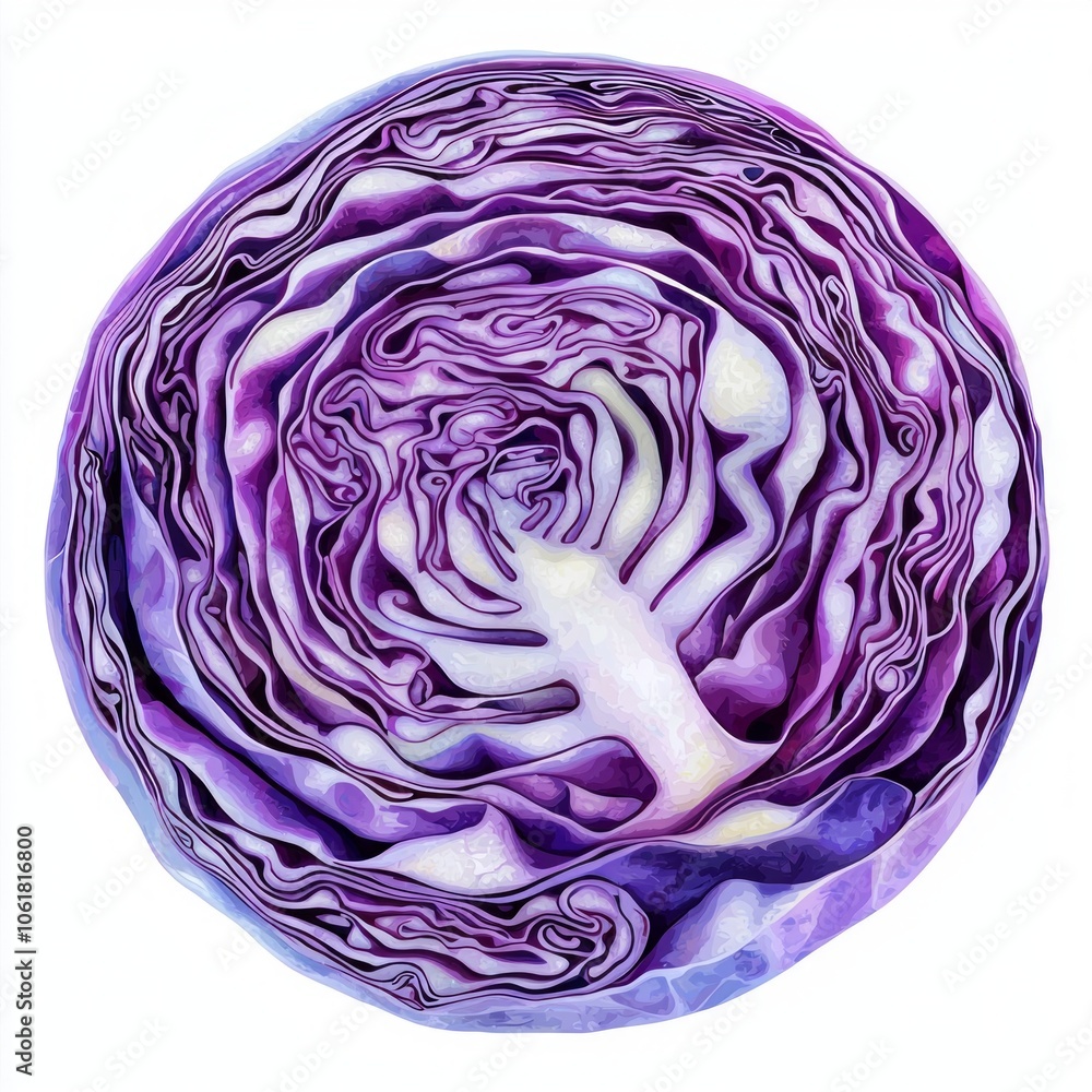 Poster artwork depicts minimalist representation red cabbage shape featuring deep purple color palette and 