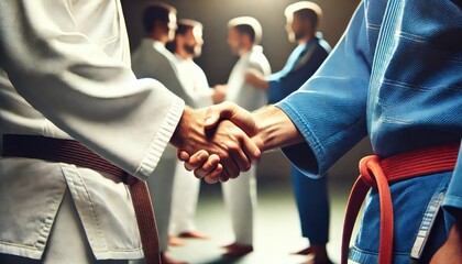 close-up handshake between two martial artists in traditional uniforms, one in white and one in blue