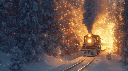 Winter Train in Snowy Forest