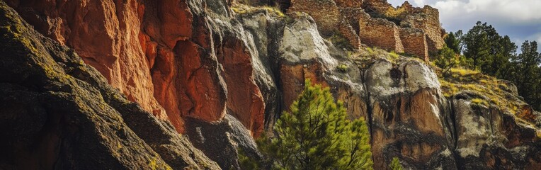 Fototapeta premium Vibrant cliffs and ancient ruins under a dramatic sky showcasing the beauty of nature and history in the landscape