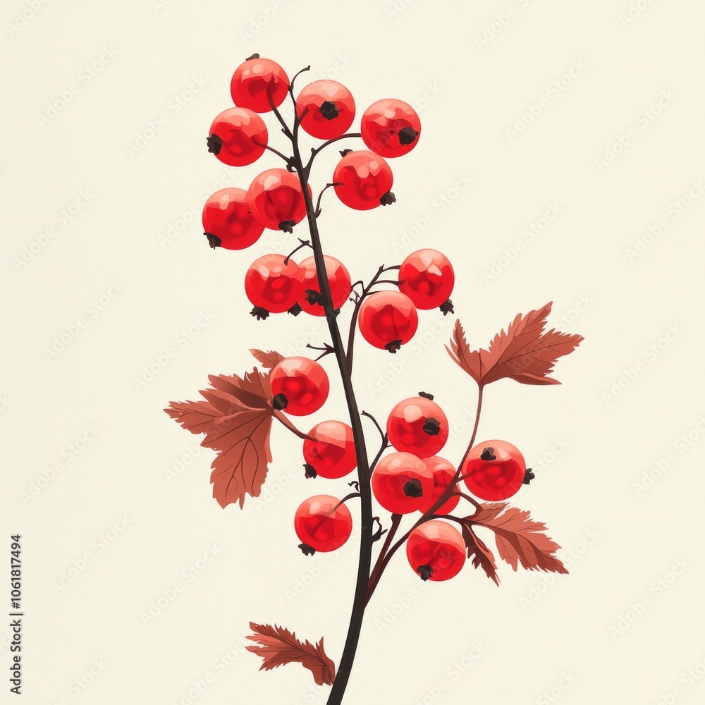 Poster representation features striking red currants arranged stem emphasizing minimalist aesthetic small r
