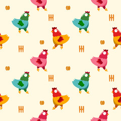 Hen colorful cartoon so cute. On fence egg background.pattern vector seamless illustration.
