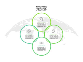 Outline circular infographic element. Linear flat chart, diagram, scheme, graph with 4 steps, options, parts, processes with arrows. Vector rounded square.