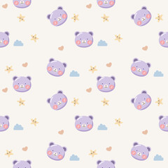 Bear face purple smile. Cartoon so cute. On star cloud heart background. Pattern seamless vector illustration.

