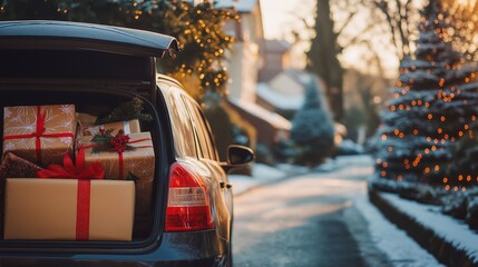 Obraz premium An open car trunk filled with wrapped Christmas presents, parked in front of a cozy house in welcoming suburban neighbourhood, a decorated new year snow street. holiday gift-giving winter celebration