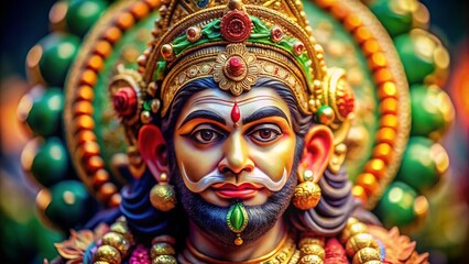 Obraz premium Stunning Tilt-Shift Photography of Lord Hanuman Portrait with Vibrant Colors, Intricate Details, and Spiritual Essence Capturing the Divine Energy of the Hindu Deity for Meditation and Worship
