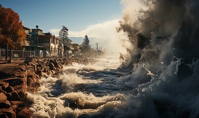 Massive Wave Crashing Into Coastal Town