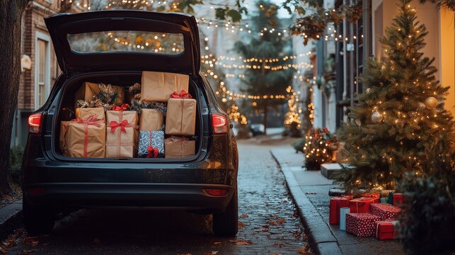 An open car trunk filled with wrapped Christmas presents, parked in front of a cozy house in welcoming suburban neighbourhood, a decorated new year snow street. holiday gift-giving winter celebration