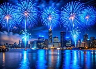 Obraz premium Stunning Urban Exploration Photography of a Blue Fireworks Display Illuminating the Night Sky Over a City Skyline, Captivating Urban Landscapes and Vibrant Night Scenes