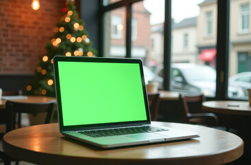 mockup with place for text. A laptop with a green chroma key screen stands on a table in a dark restaurant. The cafe is decorated for Christmas and New Year.