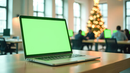 a laptop with a green chromakey screen stands on a table in the office. office decorated for Christmas and New Year. mockup with space for text