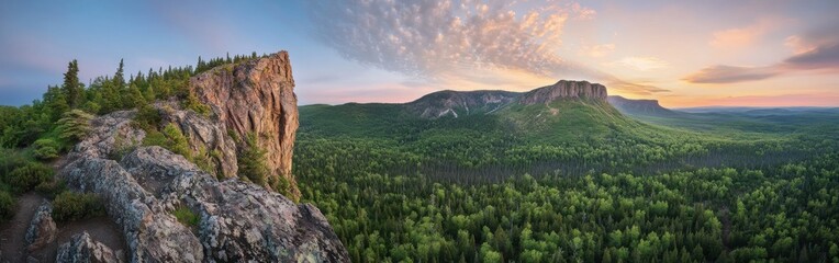 Naklejka premium Breathtaking view of the Sleeping Giant during a vibrant sunset over lush forests in the Canadian wilderness