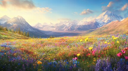Breathtaking tundra panorama in Kotzebue showcases vibrant wildflowers and majestic mountains under a clear sky