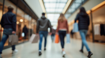 Fototapeta premium Discounts and sales in the mall, shoppers with bags and purchases, blurred image
