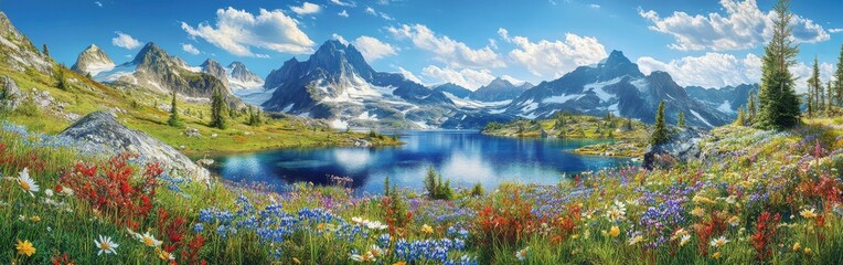 Fototapeta premium Stunning panoramic view of the North Cascades showcasing vibrant wildflowers and serene water under a bright blue sky