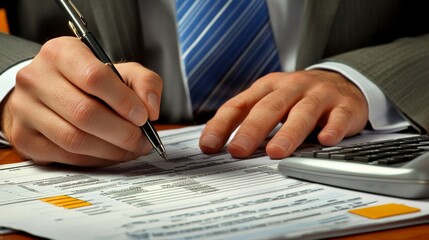 Business analyst examining financial reports to evaluate internal control system