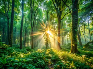 Fototapeta premium Sunlight Streaming Through Forest Trees - Nature Inspired Fatigue-Free Video Conference Wallpaper for Urban Exploration Photography
