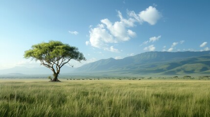 Obraz premium A solitary tree stands in a vast green field under a clear blue sky, surrounded by distant mountains and fluffy clouds.