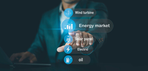 Energy world market concept. production, consumption, and renewable electricity with wind turbines, solar panels, nuclear power plants, Gas and fuel, market trends, economic growth for business