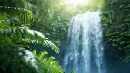 Obraz premium A lush waterfall cascades through vibrant greenery, illuminated by soft sunlight filtering through the foliage, creating a tranquil and serene atmosphere.