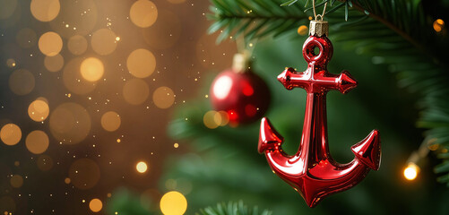A Christmas glass decoration in the shape of a red sea anchor hangs on a branch of a fir tree on a festive background. Banner, copy space