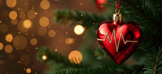 A Christmas glass decoration in the shape of a red heart with a medical cardiogram hangs on a branch of a fir tree on a festive background. Banner, copy space