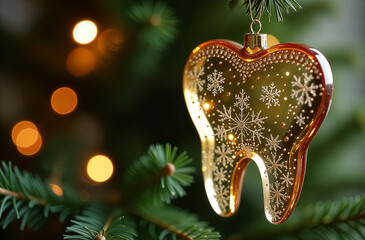 New Year's glass decoration in the form of a golden tooth with a winter ornament hanging on a Christmas tree on a festive background. Banner, copy space
