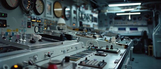 Fototapeta premium The intricate control room of a ship, filled with dials and switches, evokes the complexity of maritime navigation and engineering prowess.