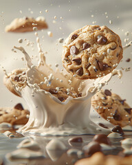 Cookie is floating in a splash of milk. The cookie is surrounded by other cookies, and the milk is splashing out of the cup. The image has a playful and fun mood