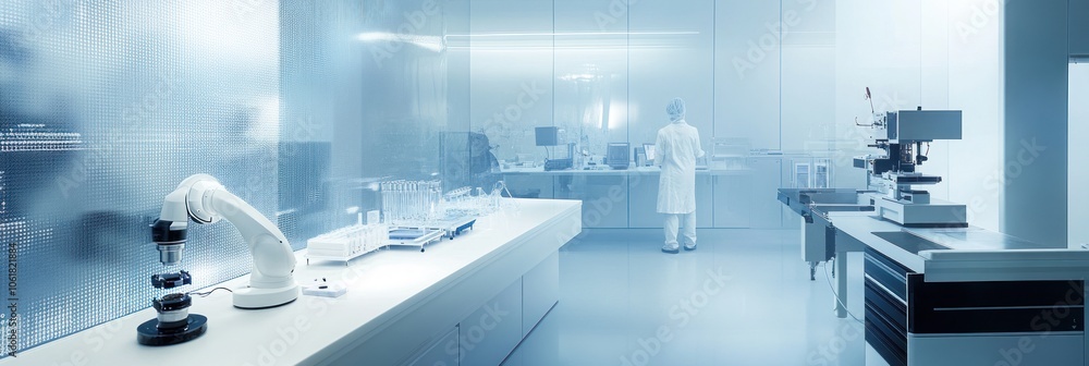 Poster a robotic arm and microscope sit on a white lab bench in a sterile laboratory.