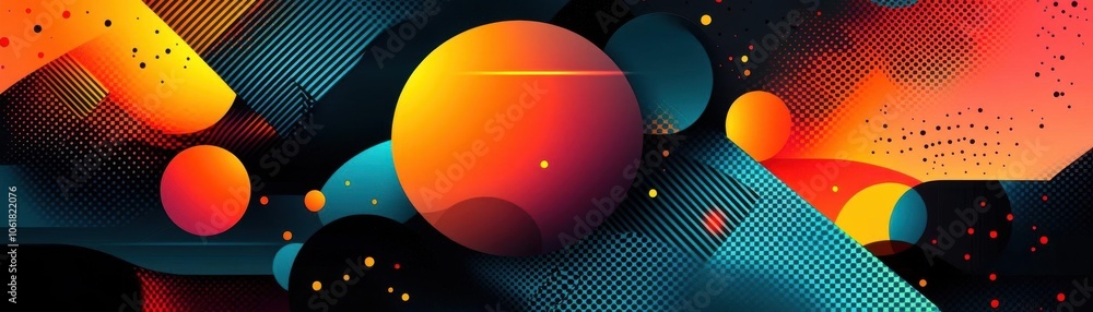 Poster a vibrant abstract design featuring colorful spheres and dynamic shapes against a dark background, c