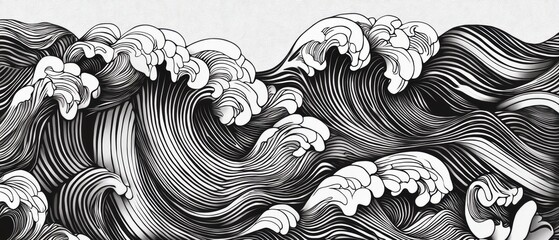 A black and white drawing of a wave with a lot of detail