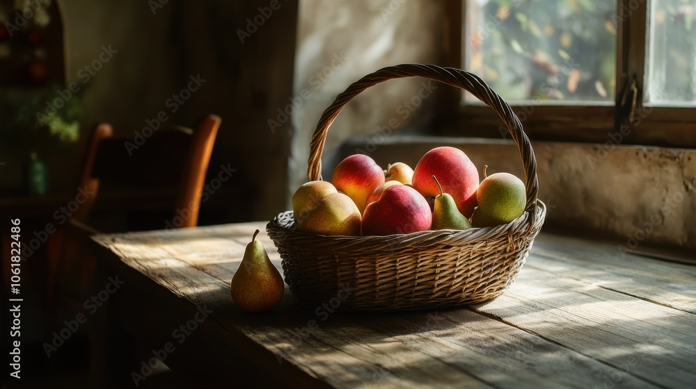 Poster a wicker basket filled with fresh apples and pears sits on a rustic wooden table in a sunlit room du