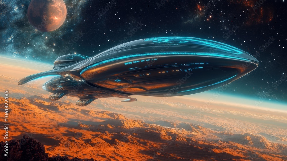 Poster a sleek reflective spaceship hovers above a rust-colored planet in a vibrant cosmic landscape filled