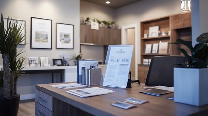 Fototapeta premium A modern office desk with a computer, paperwork, and plants.