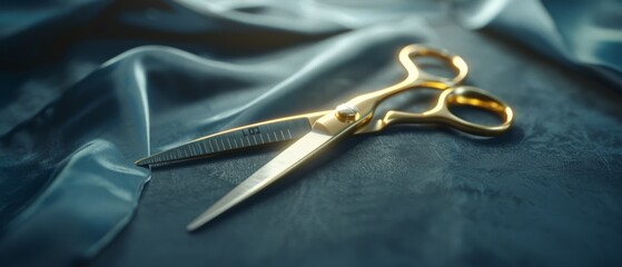 Golden scissors gleam delicately on a luxurious, dark fabric, reflecting sophistication and artistry.