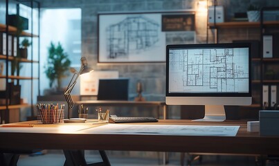 A modern office desk with a computer displaying blueprints, pencils, and a lamp.