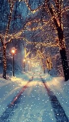 Obraz premium Enchanting winter road a serene scene of snowy trees draped in glowing lights and gentle snowfall