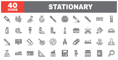 Set of 40 line icons stationery. Outline icon collection. Editable stroke. Vector illustration.