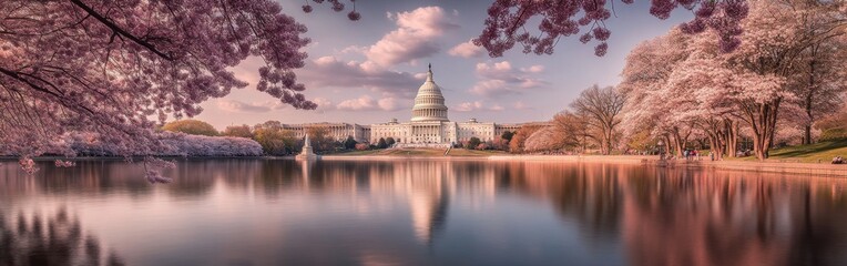 Fototapeta premium A tranquil spring morning at the National Mall with cherry blossoms reflecting in the water near the Capitol Building