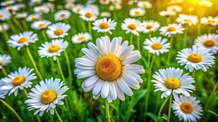 Fototapeta premium Aerial View of a Vibrant Field of Smiling Daisies Surrounded by Lush Green Grass, Nature's Beauty and Floral Splendor in Full Bloom, Ideal for Nature Lovers and Floral Enthusiasts