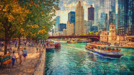 Obraz premium A tranquil afternoon on the Chicago Riverwalk with boats and skyscrapers under a clear sky