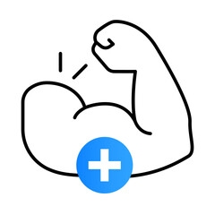 Muscle Strength Icon – Flexed Arm with Plus Sign Indicating Physical Strength and Endurance