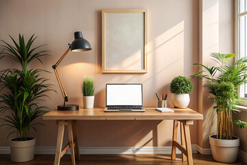 Wood Frame Mockup. Vertical Wood Frame on a wooden floor and white wall, Blank photo frame standing inside room empty Wall Frame Mockup