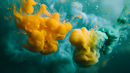 Process of acrylic ink mixing under water close up , Yellow and green paint dissolving into water, abstract background. Two droplets of acrylic ink dissolves into water , yellow and green paint water
