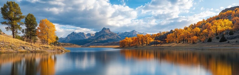 Obraz premium Serene autumn views of Buffalo Bill Lake reflecting golden trees and distant mountains in a tranquil setting